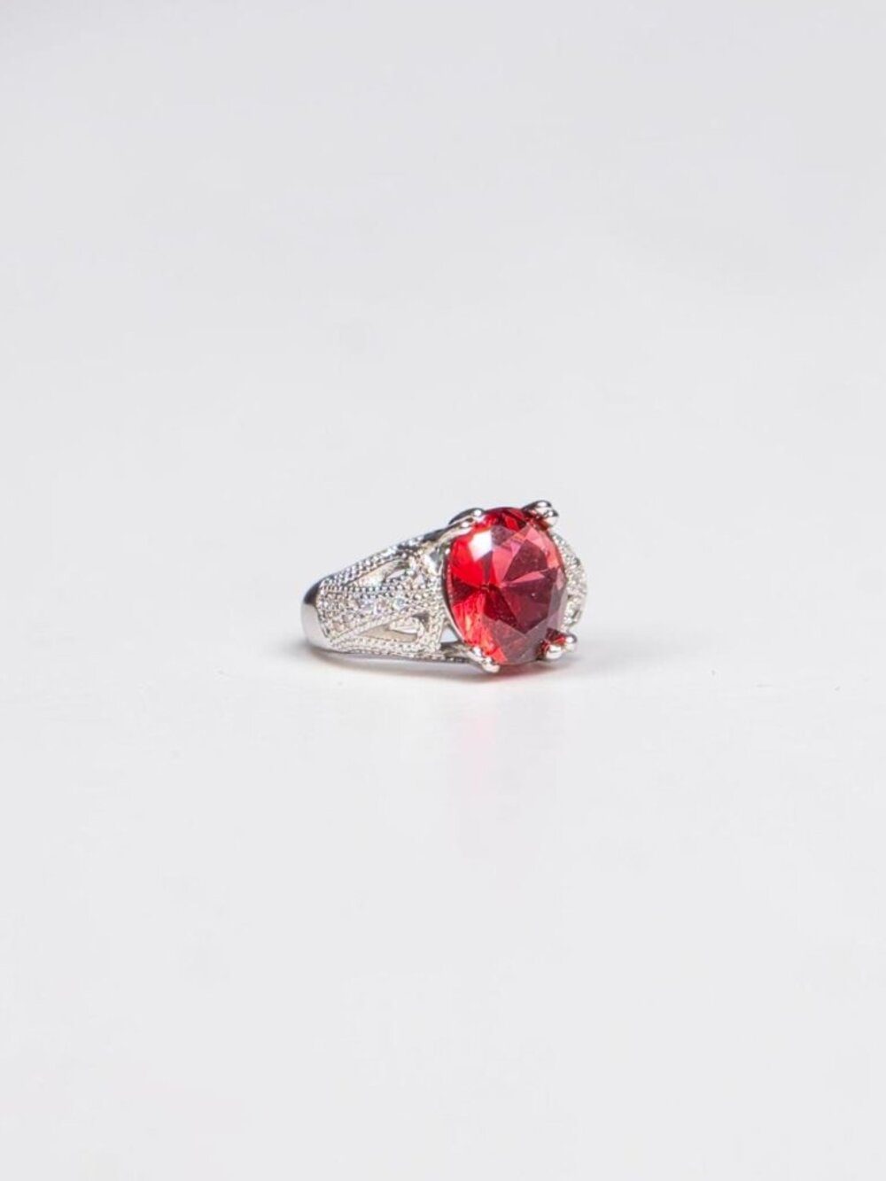 Vintage Inspired Oval Red Ruby CZ Ring with Silver Tone Openwork Filigree Size 7